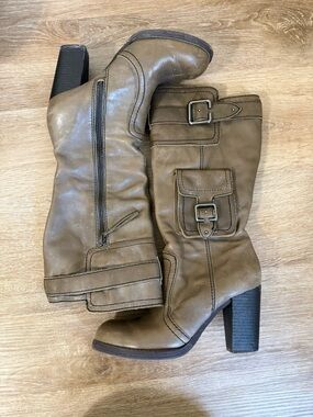 Report Vintage Y2K Leather Victory Cargo Style Heeled Boots Women's 8.5 Gray Zip